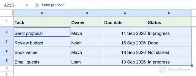 Selected range for the row example.