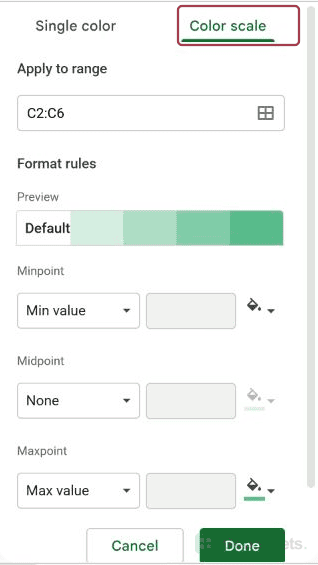 Google Sheets scale rule settings.