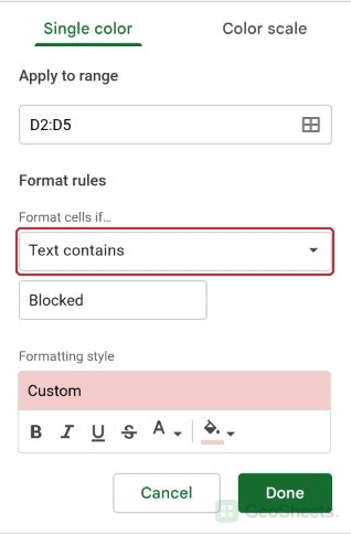 Google Sheets text rule settings.