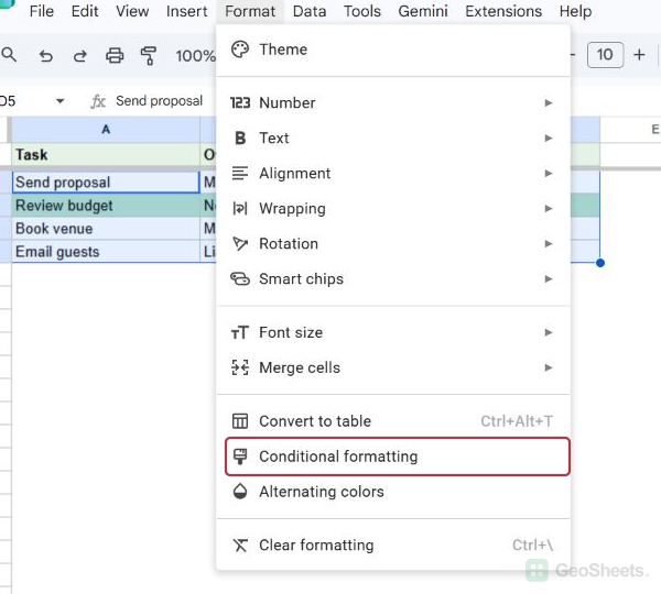 Google Sheets Format menu with Conditional formatting highlighted.