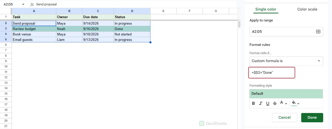 Google Sheets custom conditional formatting formula highlights the completed task row.