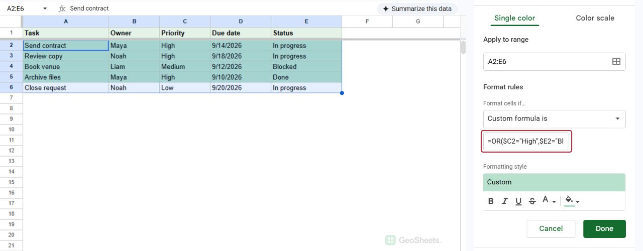 Google Sheets custom formula field with an OR conditional formatting formula.