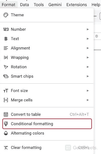Google Sheets numeric menu