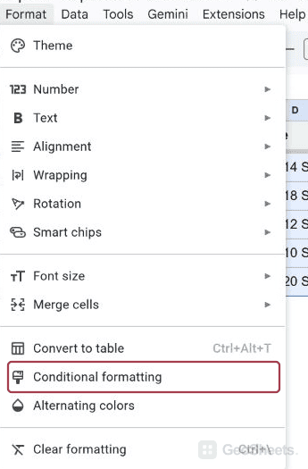 Google Sheets or menu