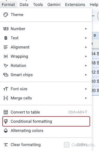 Google Sheets separate menu