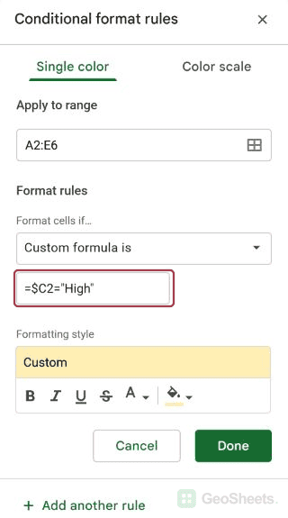 Google Sheets yellow formula