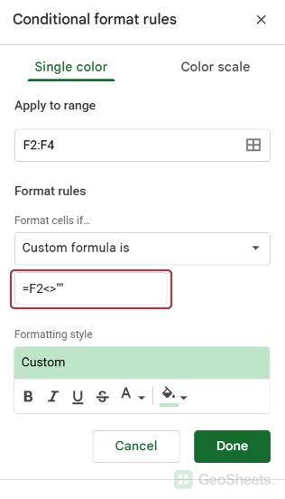 Native conditional formatting sidebar: empty rule.