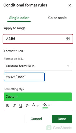 Apply to range now includes A2:B6.