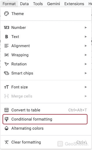 Format menu with Conditional formatting command.