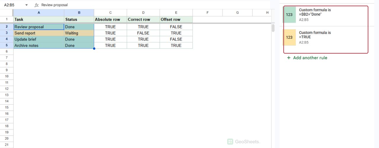 Google Sheets conditional formatting sidebar with overlapping rules shown in order