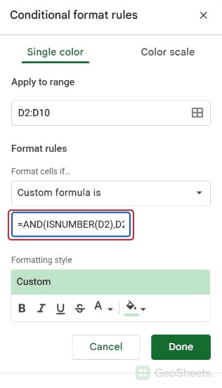 Native conditional formatting sidebar: indirect rule start.