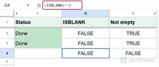 Google Sheets formula bar and observed isblank diagnostic output.