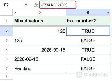 Google Sheets formula bar and observed isnumber output.
