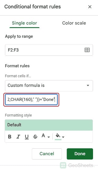 Native conditional formatting sidebar: nbsp rule end.