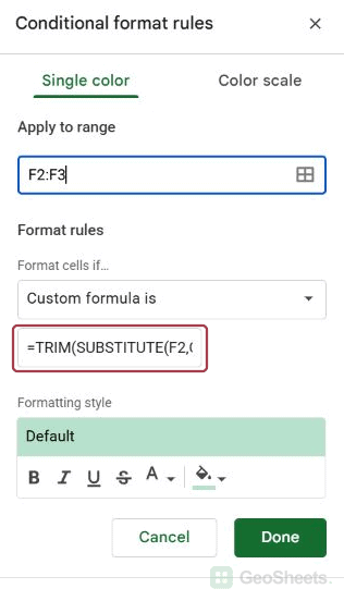 Native conditional formatting sidebar: nbsp rule start.