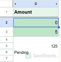 Zero and five qualify while blank, 125, and Pending do not.