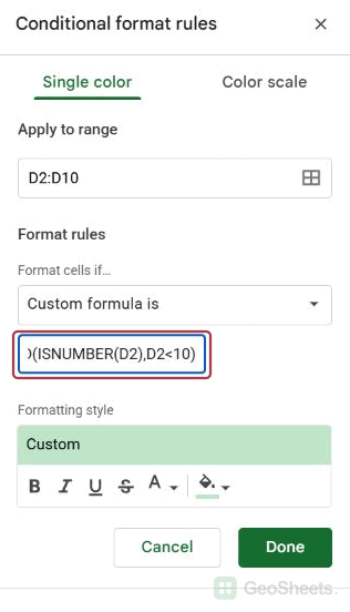 Native conditional formatting sidebar: numeric blank rule end.
