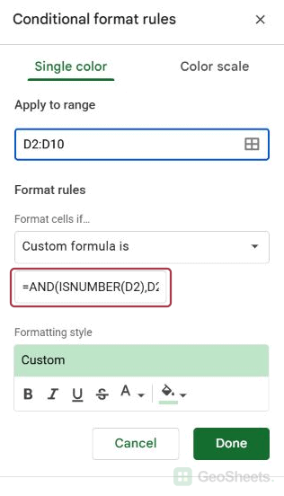 Native conditional formatting sidebar: numeric blank rule start.