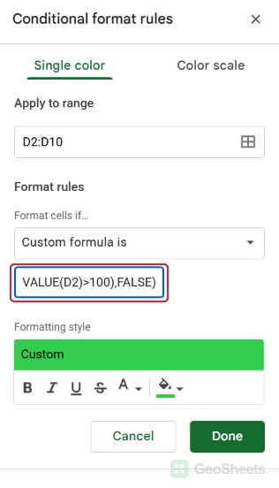 Native conditional formatting sidebar: numeric text rule end.
