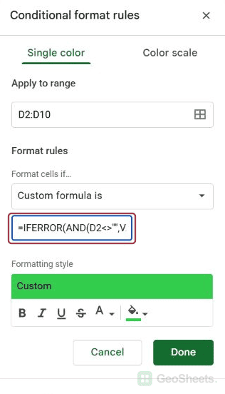 Native conditional formatting sidebar: numeric text rule start.