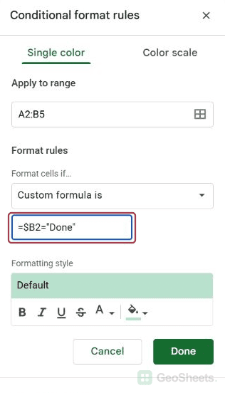 Conditional format sidebar showing range rule.