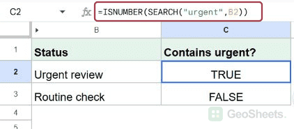 Google Sheets formula bar and observed search diagnostic output.