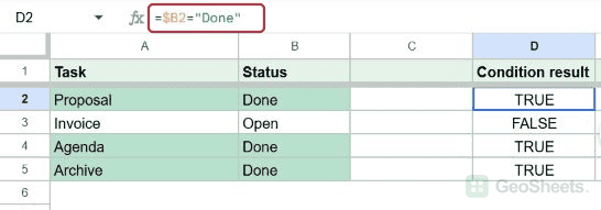 D2 formula bar and copied TRUE FALSE results for the task statuses.