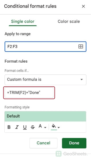 Native conditional formatting sidebar: trim rule.
