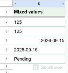 Mixed values in D2:D6 before ISNUMBER: numeric-looking text, number, date, text date, and Pending.