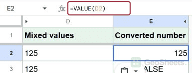 Google Sheets formula bar and observed value output.