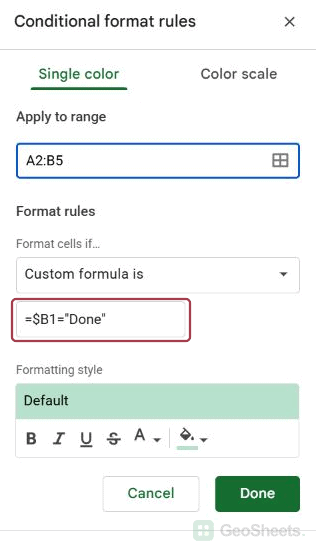 Conditional format sidebar showing wrong row rule.