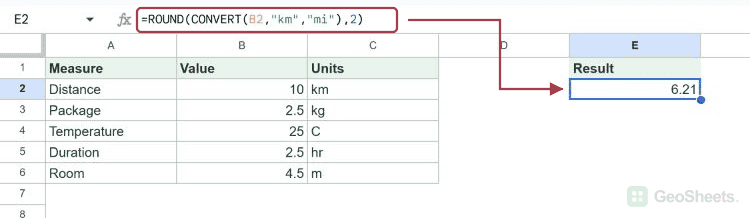 CONVERT formula and its calculated result beside the bordered example data.
