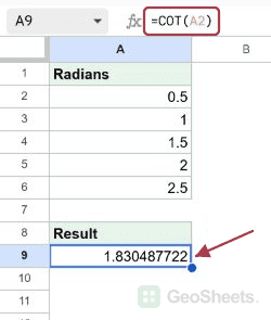 Calculate cotangent from a radian value in Google Sheets, with the formula and its result visible.