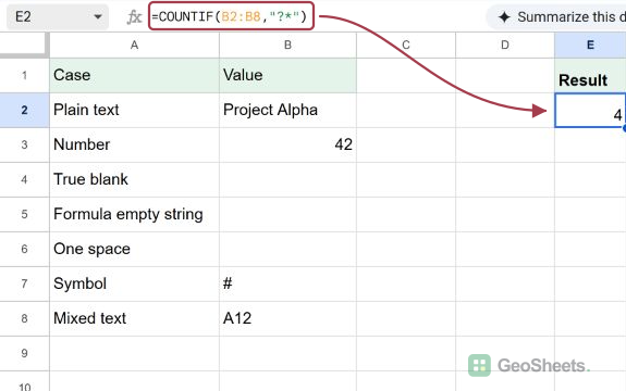 COUNTIF with ?* returns 4 for the sample range.
