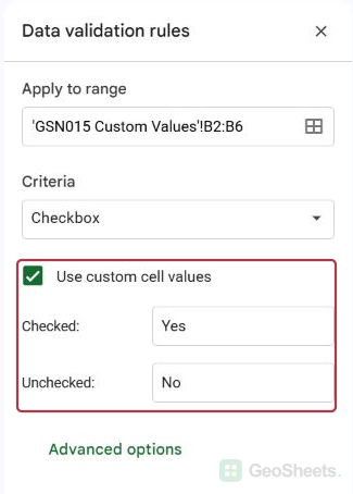 Data validation rule showing Yes as the checked value and No as the unchecked value for B2:B6