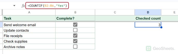 COUNTIF formula with the custom Yes criterion visible in the formula bar and result 3 in D2