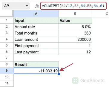 Calculate interest in the first mortgage year in Google Sheets, with the formula and its result visible.