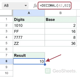 Convert binary digits to base 10 in Google Sheets, with the formula and its result visible.