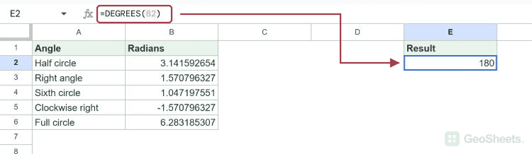 DEGREES example with a bordered dataset and result 180.