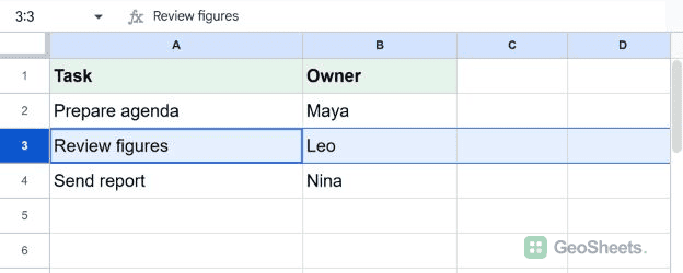 Row 3 selected before deleting Review figures and Leo.