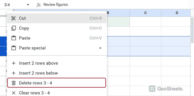 Delete rows 3–4 highlighted in the selected rows’ context menu.