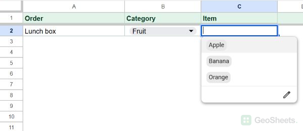 Finished Item dropdown opened with Apple, Banana, and Orange choices while Category is Fruit