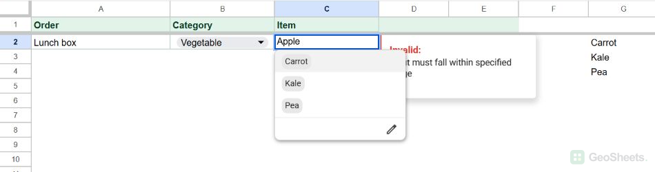 Apple remains in the Item cell after Category changes to Vegetable, and Google Sheets marks the value invalid