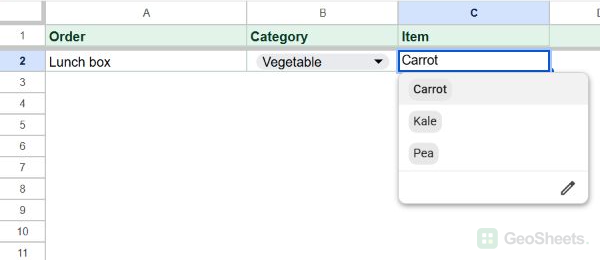 Finished Item dropdown opened with Carrot, Kale, and Pea choices after Category changes to Vegetable