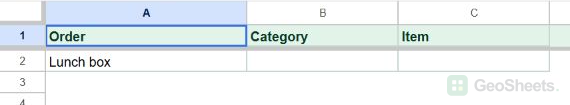 Orders tab before dropdowns, with Lunch box in A2 and empty Category and Item cells in B2:C2