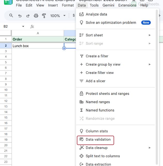 Data menu showing the Data validation command for the selected Category cell B2