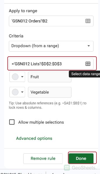 Data validation sidebar with Category cell B2 and the Lists tab category source range D2:D3