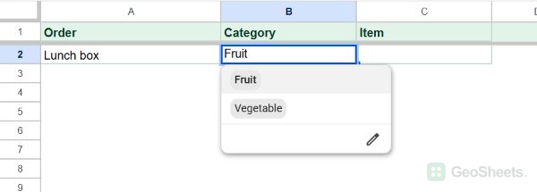 Category dropdown reopened with Fruit selected in B2 and Fruit and Vegetable available as choices