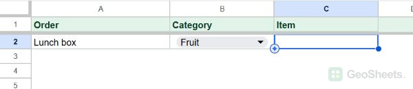 Item cell C2 selected beside the chosen Fruit category before its dropdown rule is added