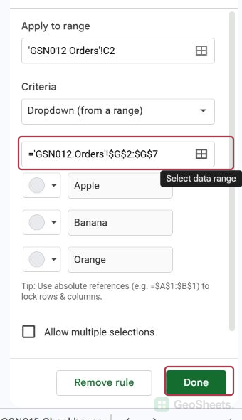 Item dropdown rule in the validation sidebar pointing to the filtered helper range G2:G7